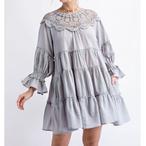 Easel Crochet Lace Gauze Ruffled Oversized Pleated Dress In Sky Blue. NWT! Sz S - Picture 3 of 8